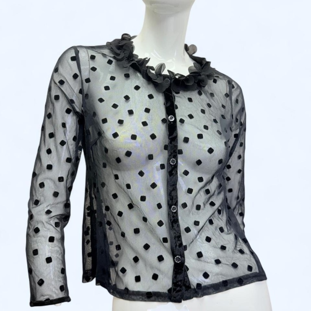 Vintage Japanese Sheer Mesh Cardigan Flocked Dot Coquette Womens 38 - Picture 3 of 8
